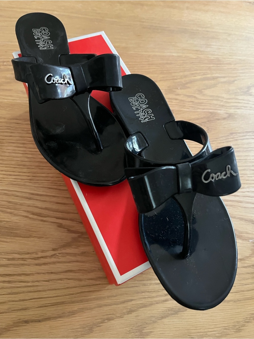 Coach Black Patent Bow Thong Sandals